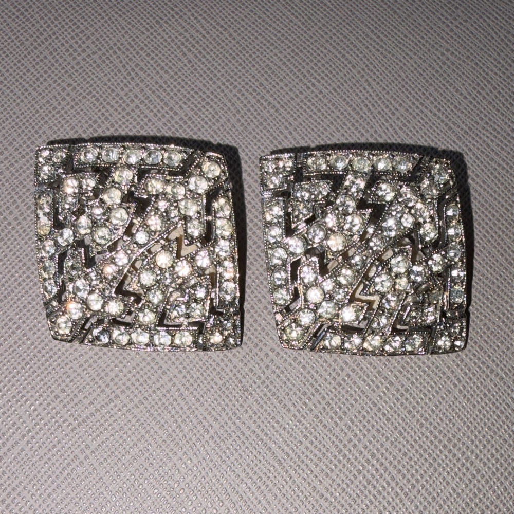 Les Bernard Silver-Tone Rhinestone Square Clip Earrings -Sparkling Clear Costume